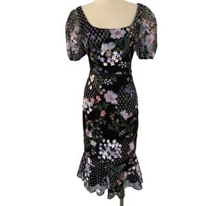 Marchesa Notte Tulle Embroidered Applique Puff Sleeve Midi Dress Black Floral 6